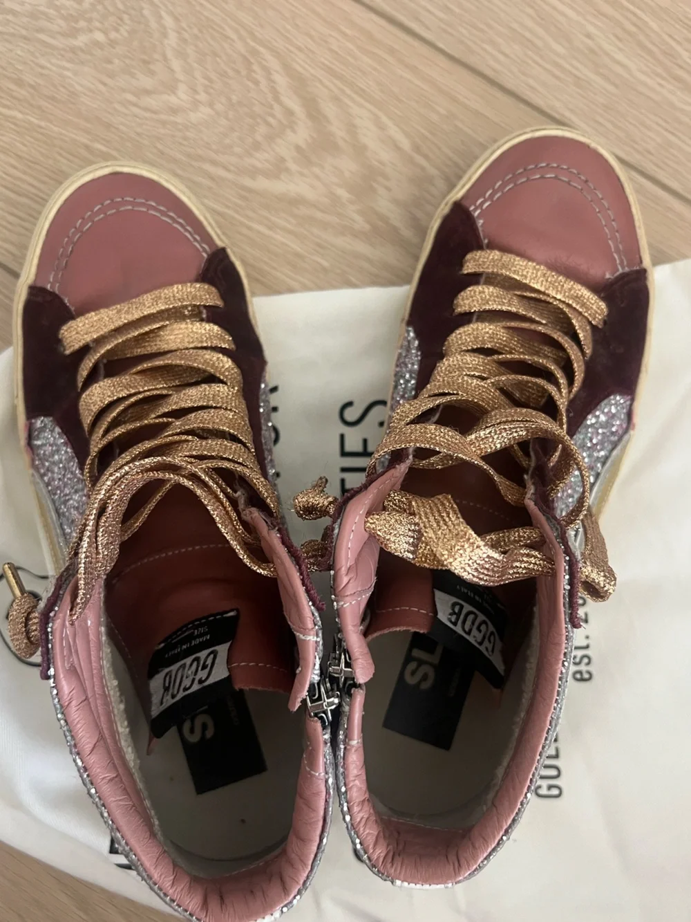 Golden goose glitter slides pink gold burgundy size 40